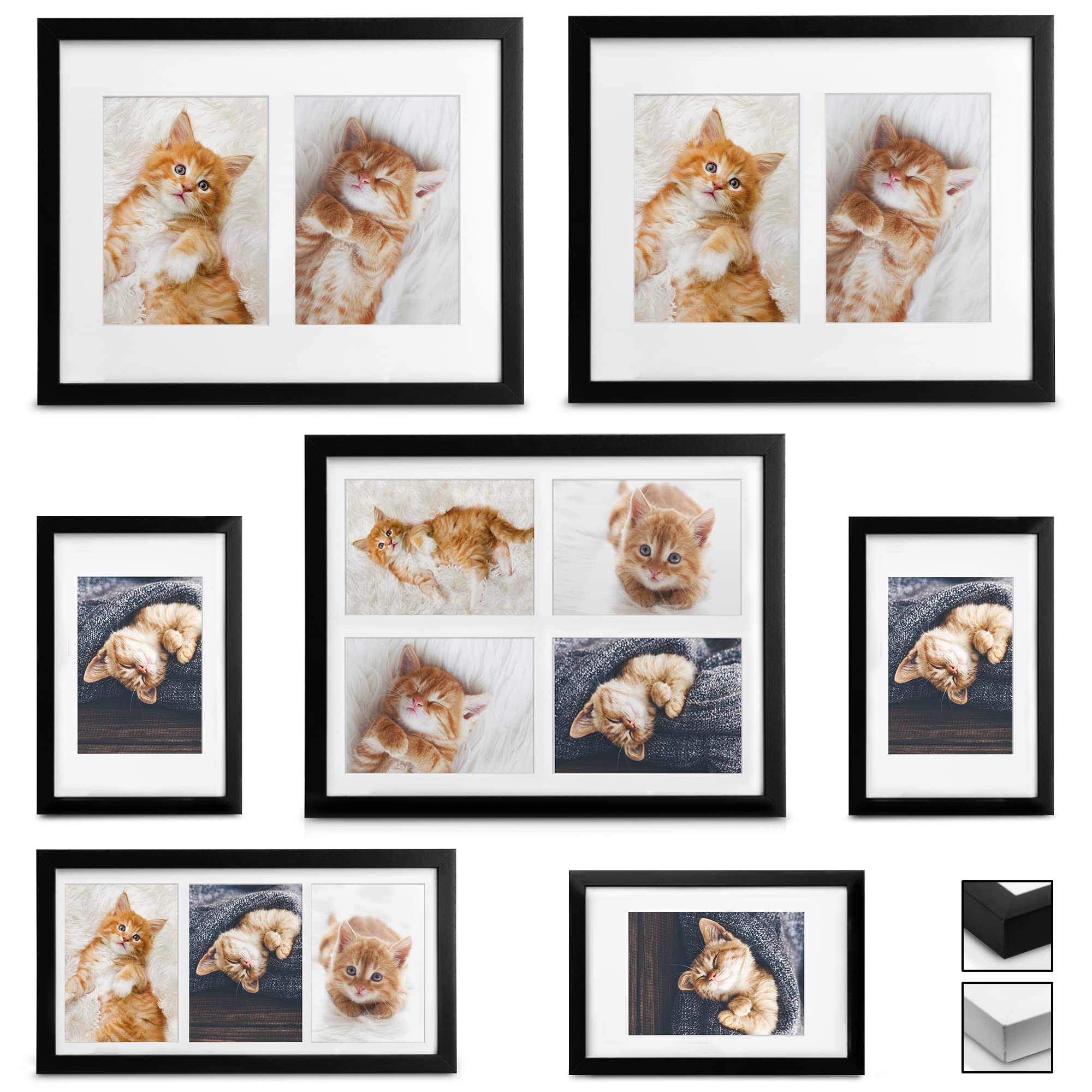 Bomoe Black Family 3,5X5, 6X4 & 7X5 Photo Frames Multiple Pictures - Set 7Psc Wooden Multi Picture Frames For Wall With Passe-Partout & Plastic Glass - Photo Collage Frame Galeria