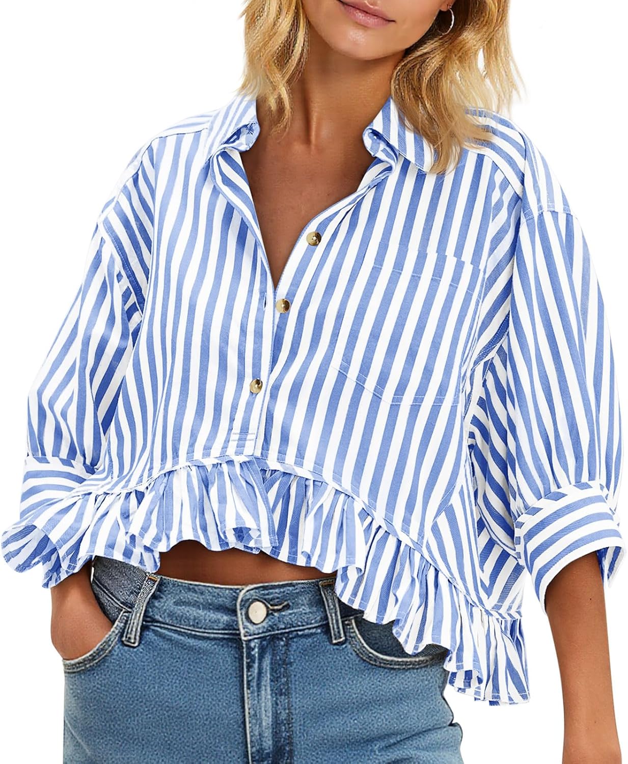 Cicy Bell Womens Cropped Striped Button Down Shirts Ruffle 3/4 Length Sleeve Summer Tops Dressy Casual Blouses