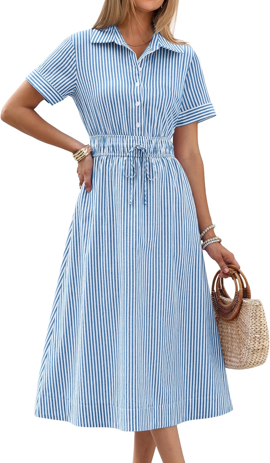 ANRABESS Womens Summer Midi Dress Short Sleeve Striped Plaid Button Collar Shirt Dresses 2026 Casual Beach Vacation Clothes