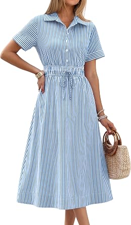 ANRABESS Women Summer Short Sleeve Midi Dress, Striped & Gingham, Casual A-Line Button Collar Shirt Dress, Beach & Vacation