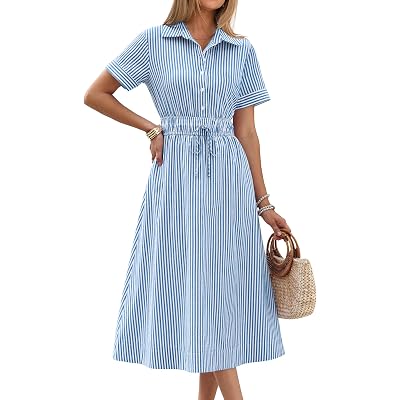 ANRABESS Women Summer Short Sleeve Midi Dress, Striped & Gingham, Casual A-Line Button Collar Shirt Dress, Beach & Vacation