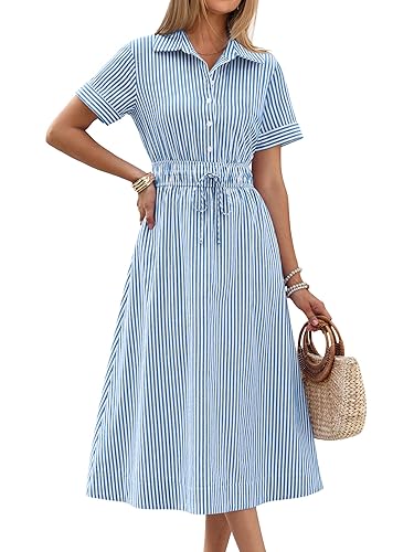 ANRABESS Womens Summer Midi Dress Short Sleeve Striped Plaid Button