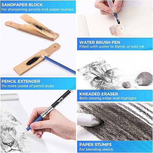 Miniatura 8 de Juego de dibujo de 82 piezas, suministros de arte profesional con 5 clips para blinder, bloc de bocetos de 3 colores, libro para colorear, grafito,