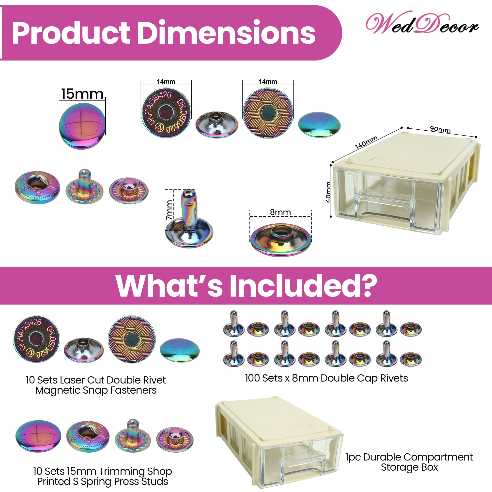 WedDecor Juego de remaches tubulares y broches a presión y cierre magnético, remaches tubulares de 8 mm, pernos de resorte en S de 15 mm, cierres magnéticos de 14 mm y caja de almacenamiento de