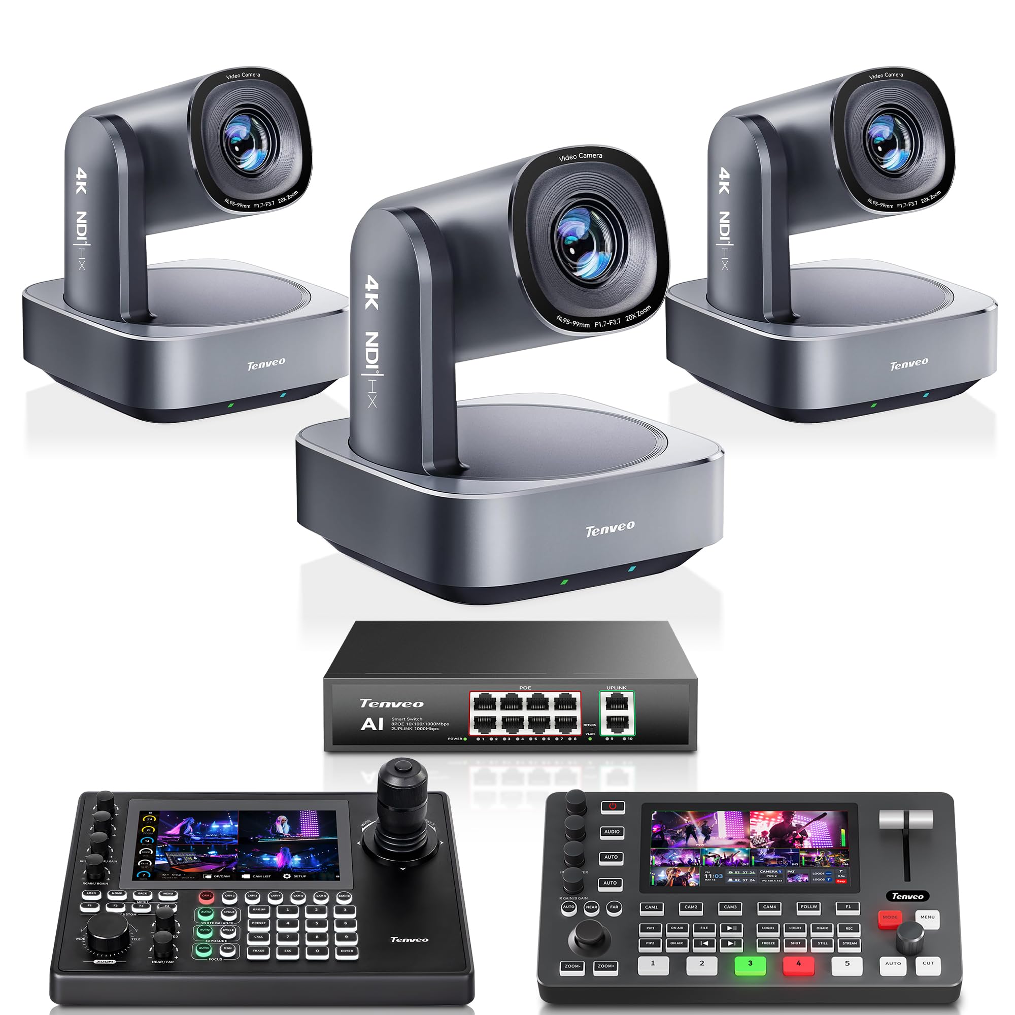 Tenveo Kit Telecamere PTZ, 3 Telecamere PTZ NDI 4K con AI Tracking Zoom 20X (HDMI/USB3.0/LAN PoE), Controller Joystick 4D con Schermo Touchscreen 7" Quad-View, Switcher Mixer Video e Switch PoE
