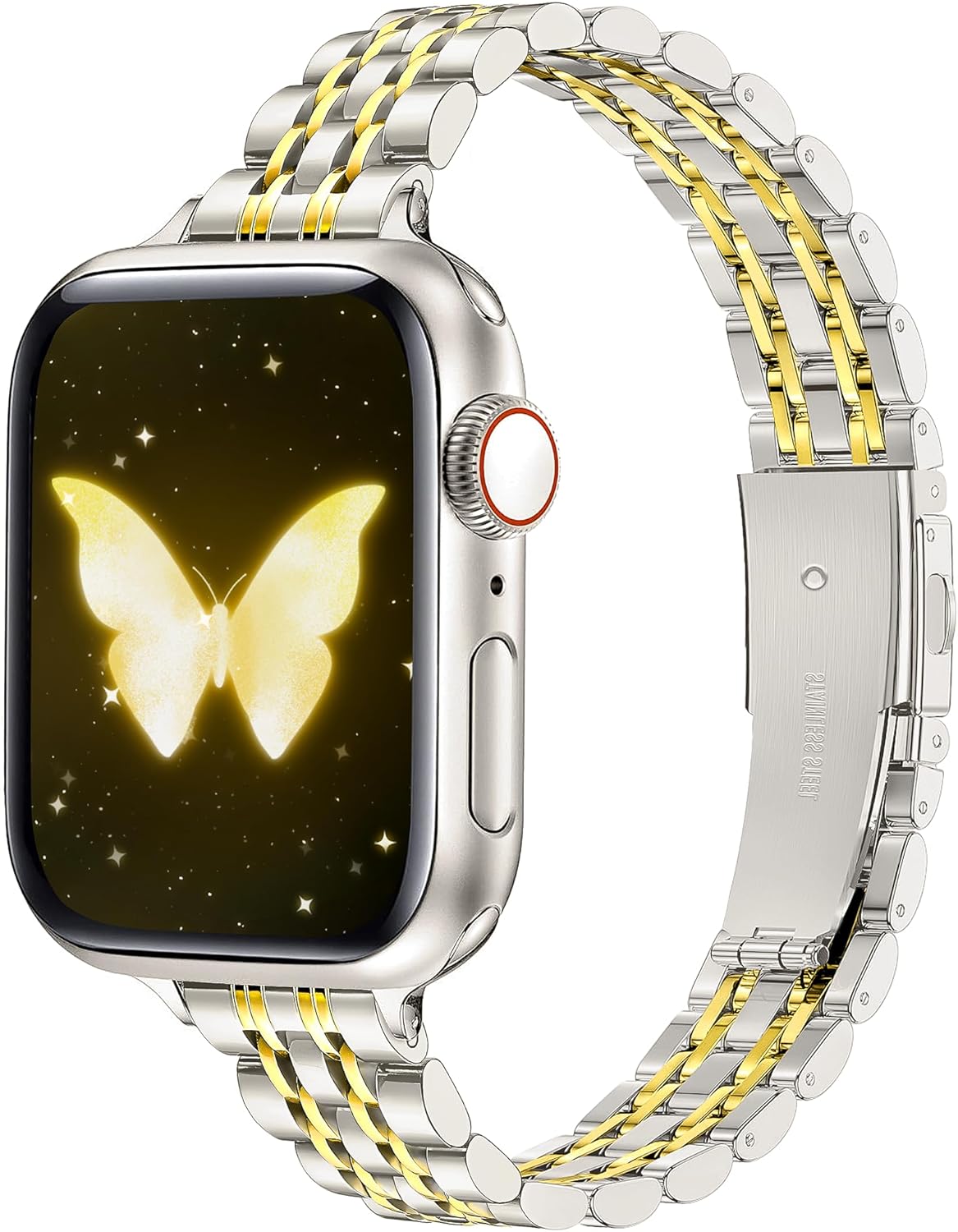 Slim Band Compatible with Apple Watch Band 41mm 40mm 38mm 42mm(Series 11 10), Stainless Steel Metal Pretty Dressy, Thin Fashion Bracelet with iWatch Series 11 10 9 8 7 6 5 4 3 2 1 SE-Starlight&Gold