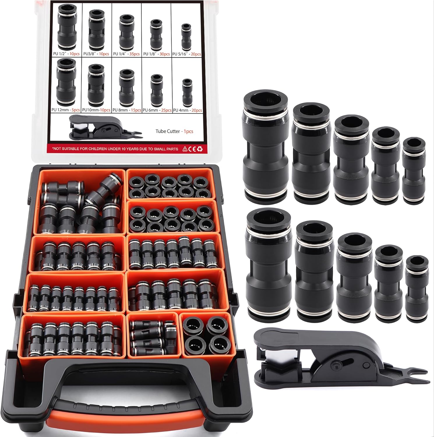 180PCS Pneumatic Quick Connect Fitting Kit: Imperial (1/8", 1/4", 5/16", 3/8", 1/2") & Metric (4,6,8,10,12mm) Push-in Air Line Connectors（Black)
