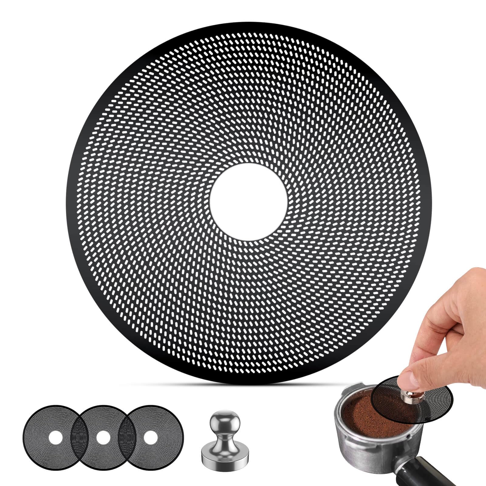 3 Pcs 58.5mm Espresso Puck Screen with Round Hole in the Middle - 0.2mm Ultra Thin Espresso Puck, Stainless Steel Reusable Coffee Filter, Suitable for La Marzocco/Gaggia (Black)