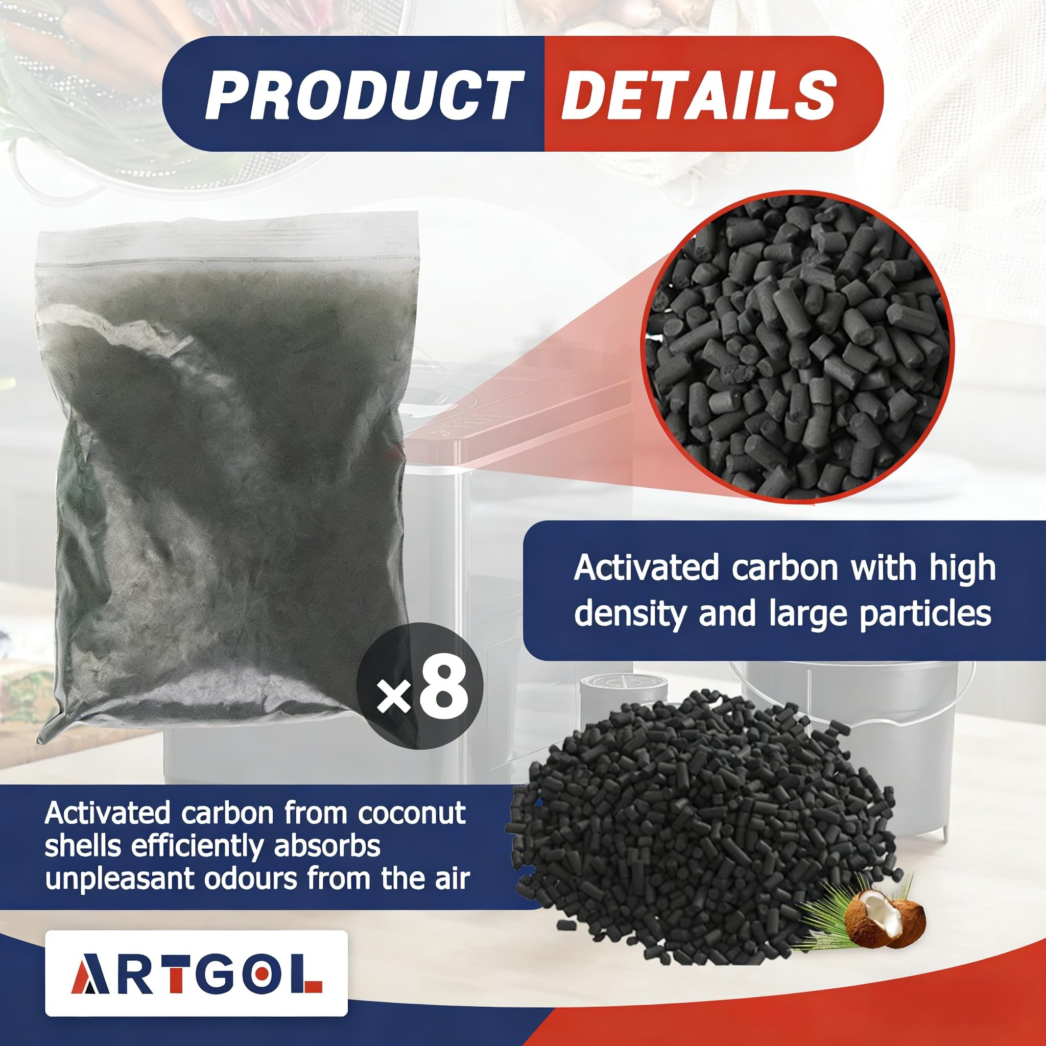 Geruchsabsorbierende Filter-Nachfüllpackungen für Lomi Küchenkomposter, Ersatz-Aktivkohlefilter, kompatibel mit Lomi Elektro-Komposteimer, Kohle-Nachfüllpackung, 1,8 kg, 8 Stück