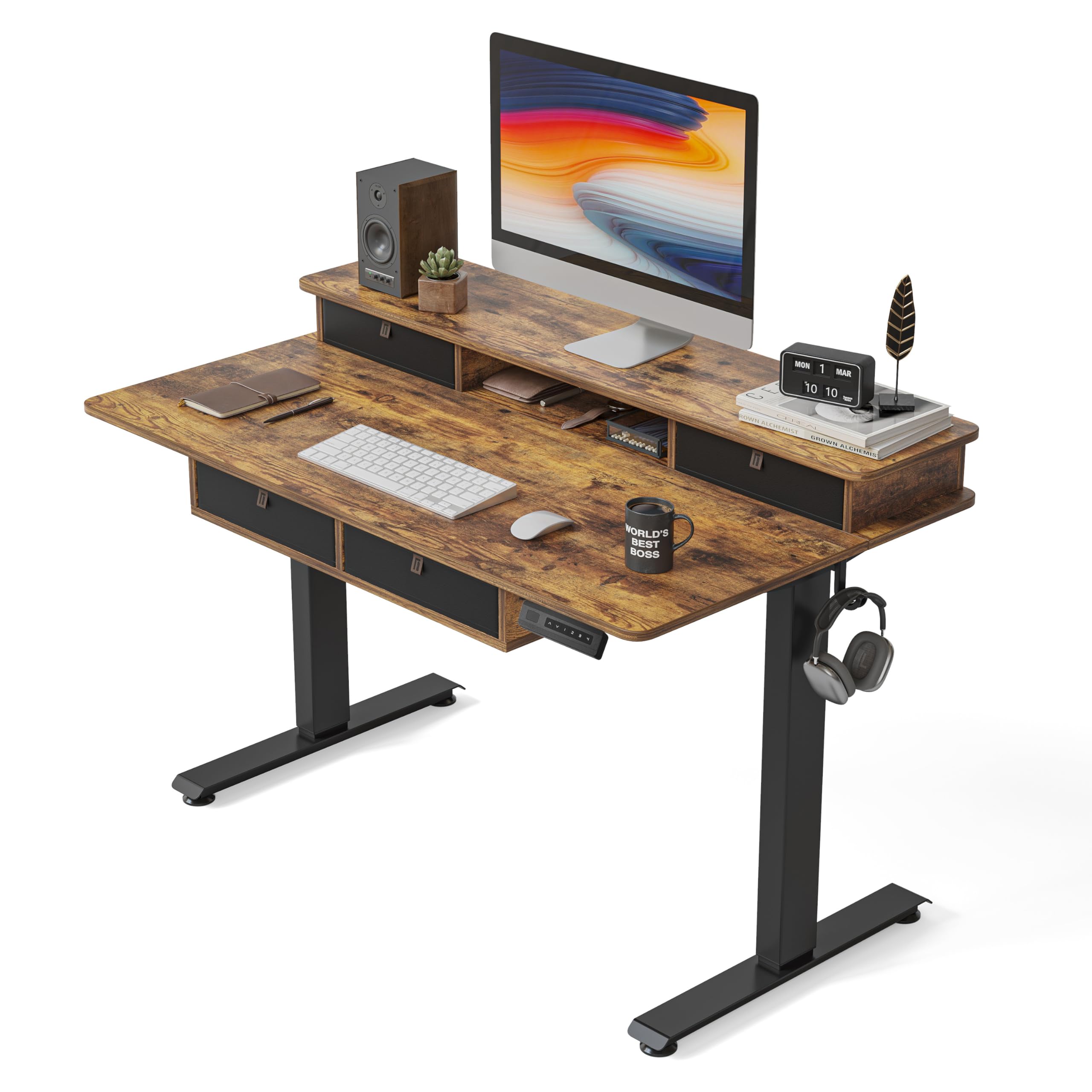 FEZIBO 48'' x 24'' Electric Standing Desk with 4 Storage Drawers, Adjustable Height Computer Table with Monitor Shelf, Stand Up Desk for Study, Gaming, Workstation, Rustic Brown Top