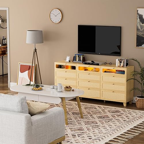 Miniatura 8 de Yeyawomy Cómoda para dormitorio con 4 cajones, cómoda moderna con luces LED y estación de carga, cómoda de ratán, cómoda alta con cajones para