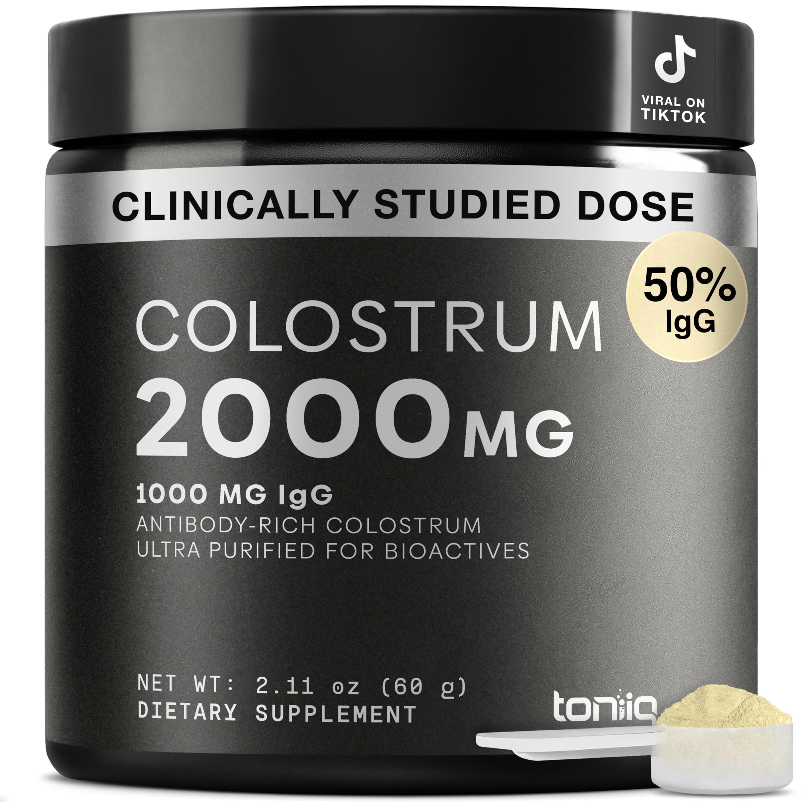 Toniiq Bovine Colostrum Powder Supplement 2000mg - 50% IgG | Gut Health, Immune Support & Skin - French Colostrum Farm-to-Jar Traceable, Microfiltered, Third-Party Tested