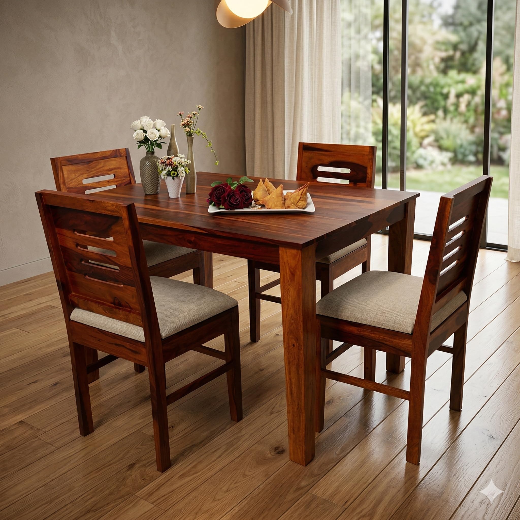 Loonart Solid Sheesham Wood Four Seater Dining Set | Wooden Dining Table with Four Urban Chairs for Dining Room | Kitchen | Hotel | Finish Color - Natural Teak Finish |-image-30