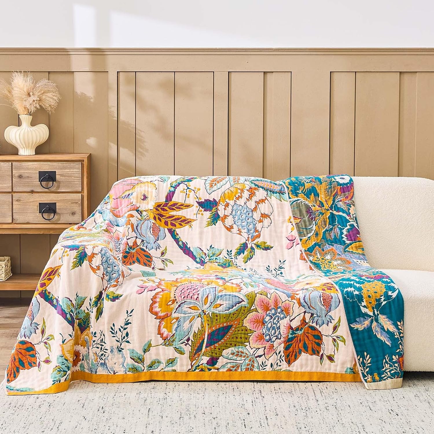 Farmhouse Throw Blanket, 60"x 80" Boho Throw Blankets for Couch Cover, 100% Cotton Bohemian Vintage Quilt for All Seasons Reversible Florals Lightweight Picnic Blankets Home Decoration - Image 7