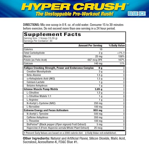Maximum Human Performance MHP HYPER CRUSH Pre Workout energy drink creatine beta alanine nitric oxide pump citrulline AKG 30 Servings, Blue Ice, 14.88 Ounce