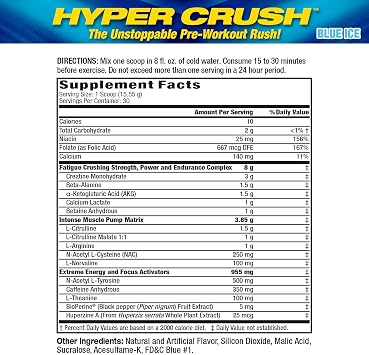 Maximum Human Performance MHP HYPER CRUSH Pre Workout energy drink creatine beta alanine nitric oxide pump citrulline AKG 30 Servings, Blue Ice, 14.88 Ounce