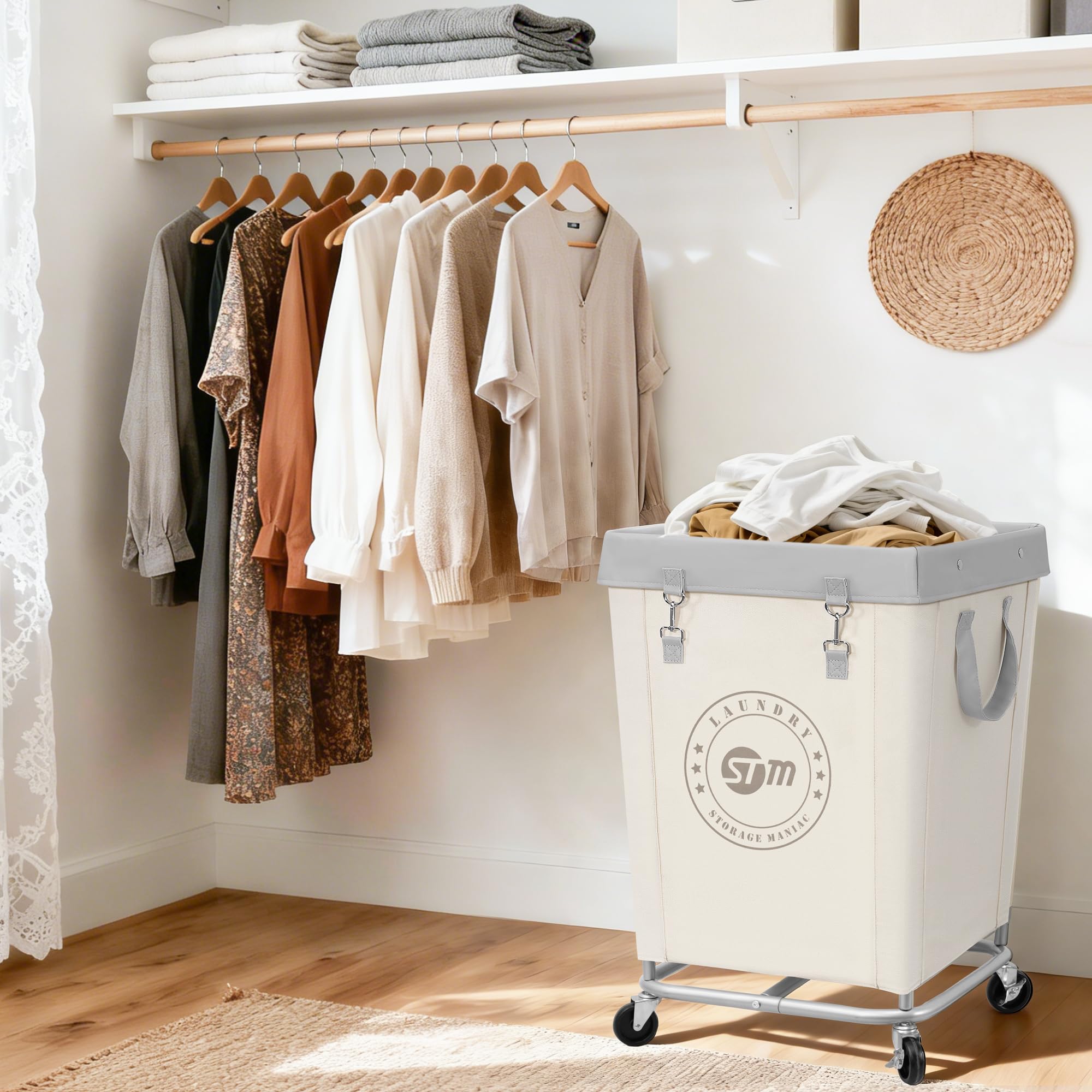 STORAGE MANIAC Cesto portabiancheria commerciale con telaio in acciaio resistente, 160 l, cesto portabiancheria industriale con ruote, per hotel, casa, lavanderia, 45 x 45 x 70 cm, beige medio