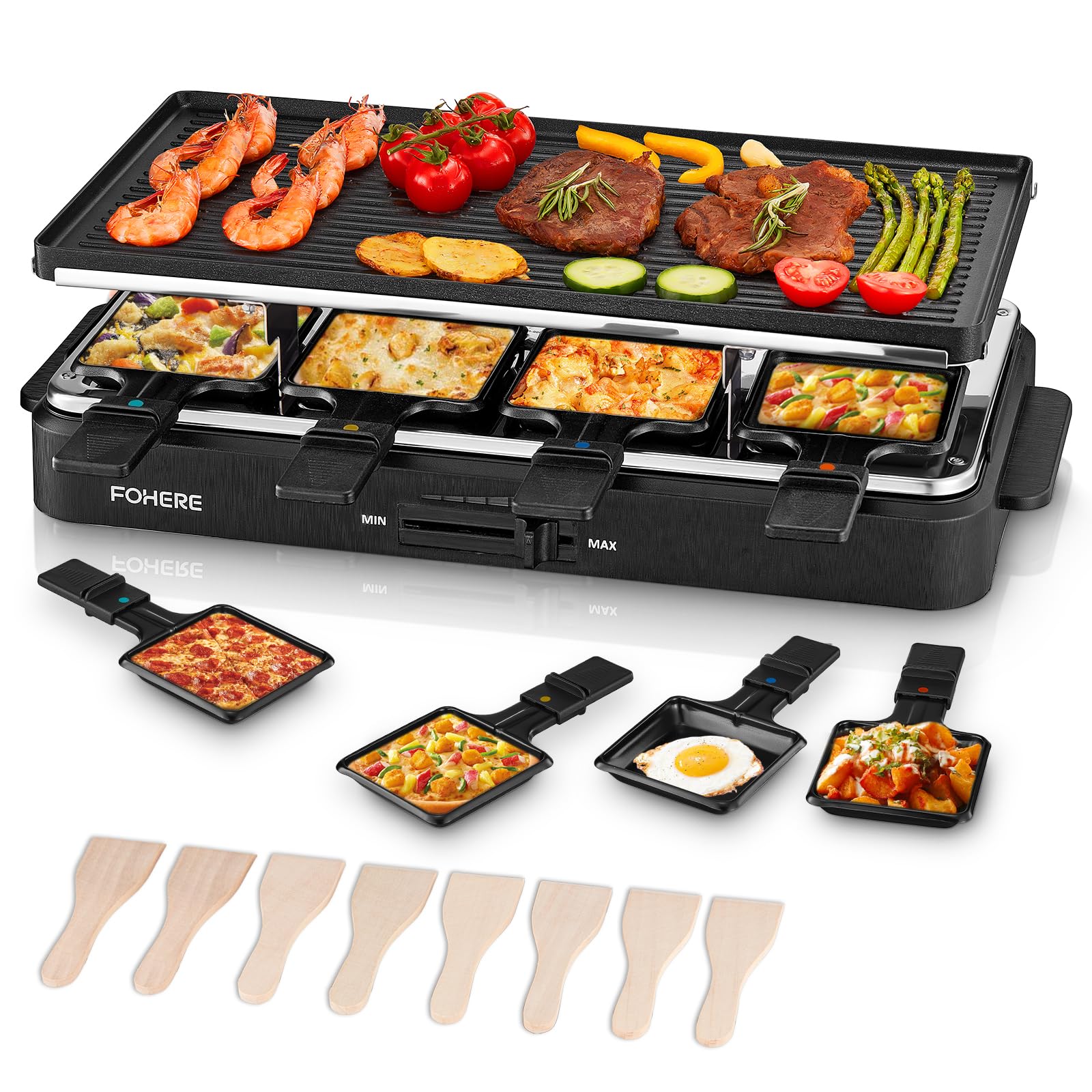 FOHERE Raclette Grill, 2 in 1 Raclette Table Grill Indoor, 1500W Korean BBQ Grill Electric Griddle with Reversible Non-stick plate, Adjustable Temp Control and 8 Paddles for Parties and Family Fun
