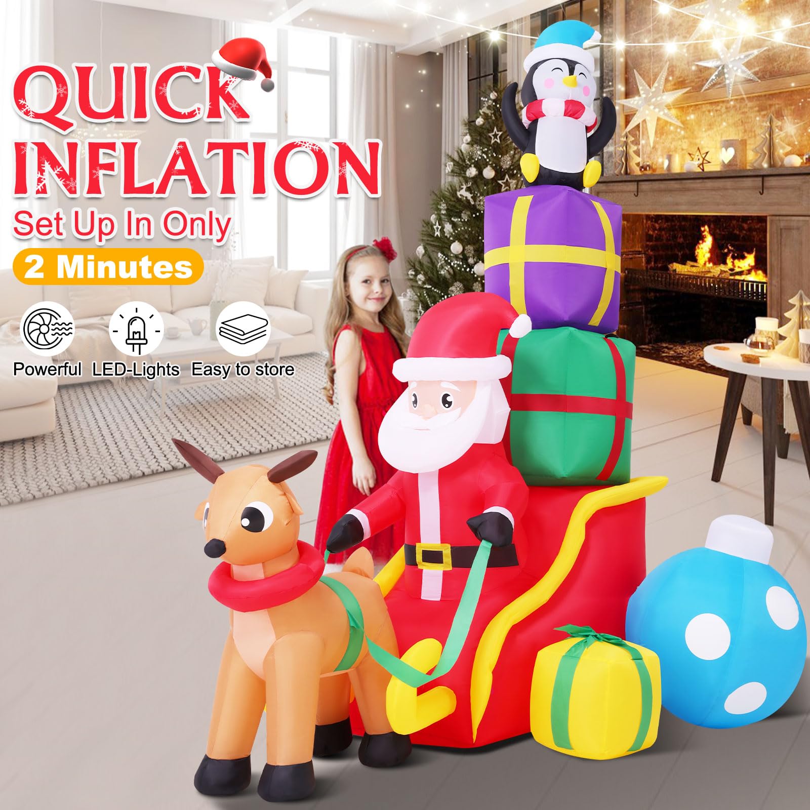 AKEYDIY Décorations de Noël gonflables pour cour – Père Noël renne sur traîneau – Décorations de Noël gonflables avec lumières DEL intégrées pour maison, cour, jardin, pelouse, fête, centres