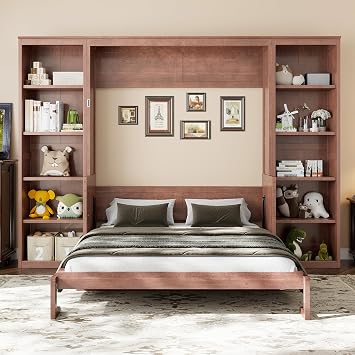 LUMISOL Queen Murphy Bed with Desk and Bookshelf, Wall Bed Frame with Space-Saving Design, Wood Hideaway Murphy Wall Bed with Storage Bookcase for Adults, Dark Brown