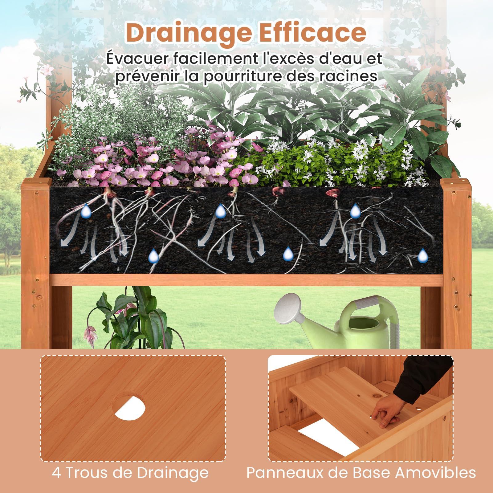 RELAX4LIFE Jardiniere sur Pieds avec Treillis, Jardiniere Treillis en Bois, Carre Potager sur Pied, Étagère Inférieure pour Outils, Trou de Drainage, Fond Amovible, pour FleursLégume Herbe (Marron)