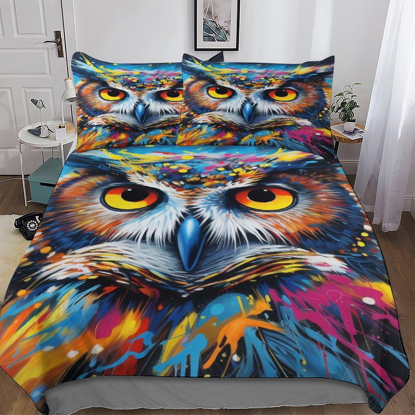 Housse de couette hibou 200x200 cm avec taies d'oreiller pour lit double enfant et adulte