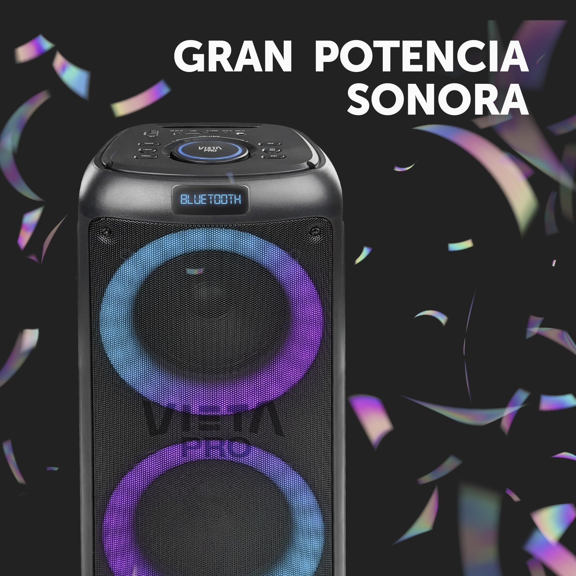 Vieta Pro Altavoz Bluetooth Potente Grande de 100 W, 9H de Batería, Radio FM y Luces Led RGB. Altavoces Autoamplificados Grandes Karaoke, USB TWS, Aux-In, Entrada de Micrófono Party 2