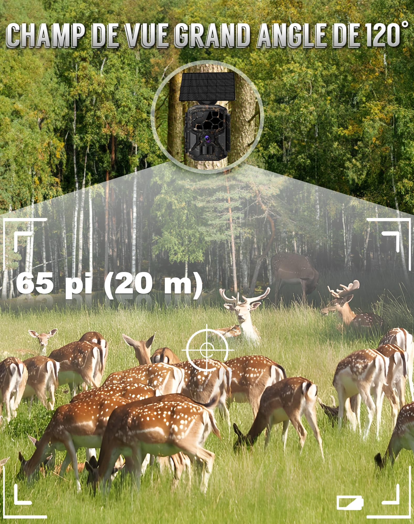 Caméra de chasse - Solaire 8K 60MP WiFi camera animaux,activation par mouvement en 0,1 seconde, portée de détection de 19,8 mètres, vision nocturne HD sans émission de lumière, résistance à l'eau IP66