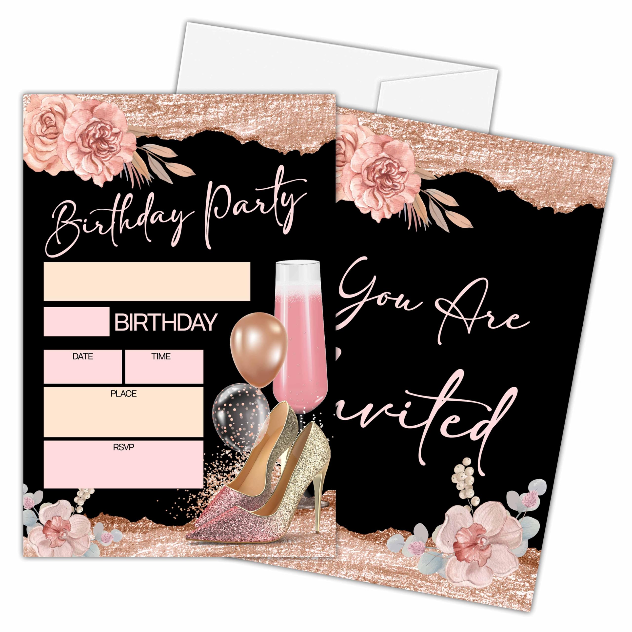 Zmyollo Rose Gold Birthday Invitations with Envelopes - 20PCS Gold Foil Balloon Birthday Party Invitations - Surprise Birthday Party Supplies