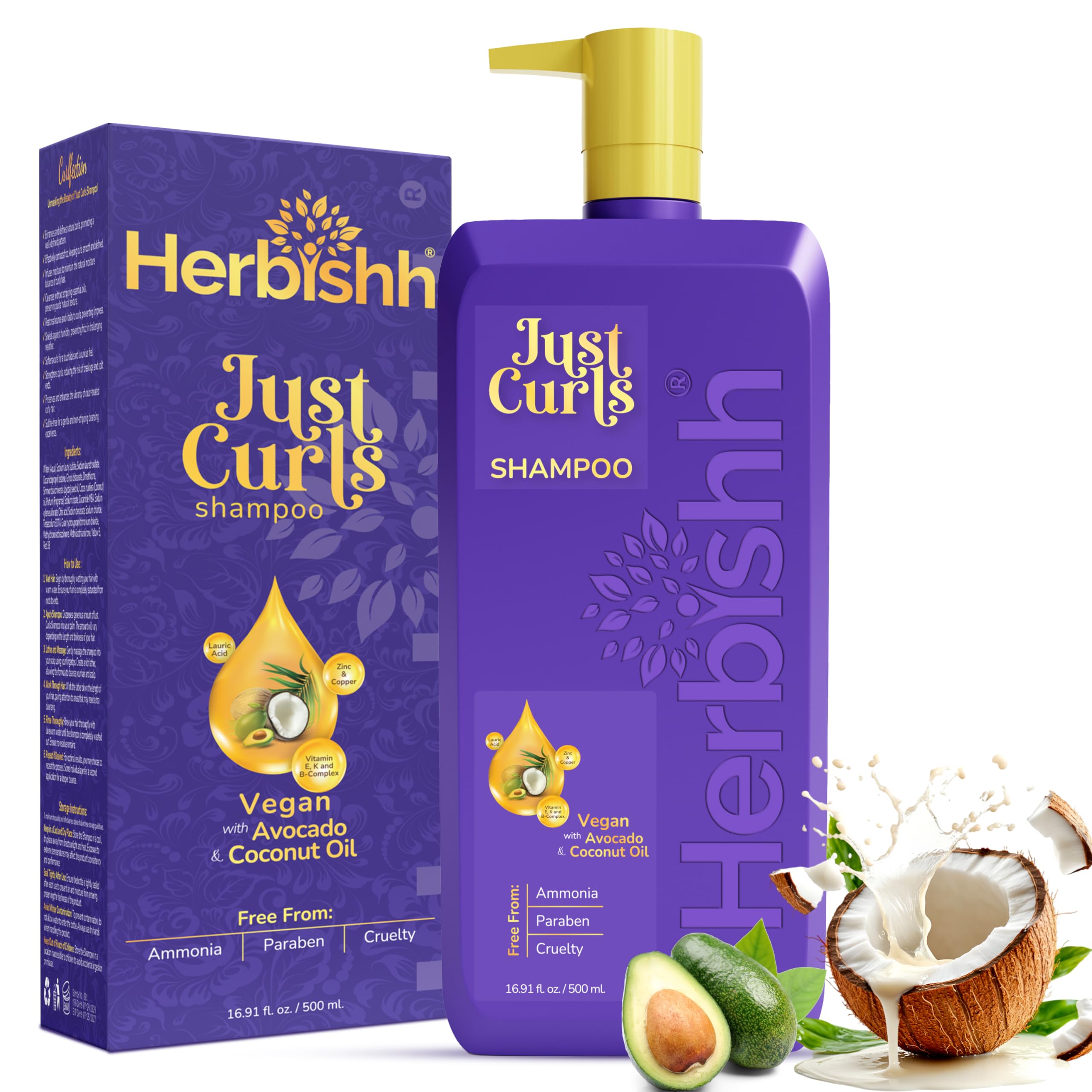 Herbishh Just Curls Shampoo For Curly Hair With Coconut Oil (16.91 Fl Oz), Hydrating & Moisturizing Formula For Wavy, Coily, Curly Hair, Detangling,