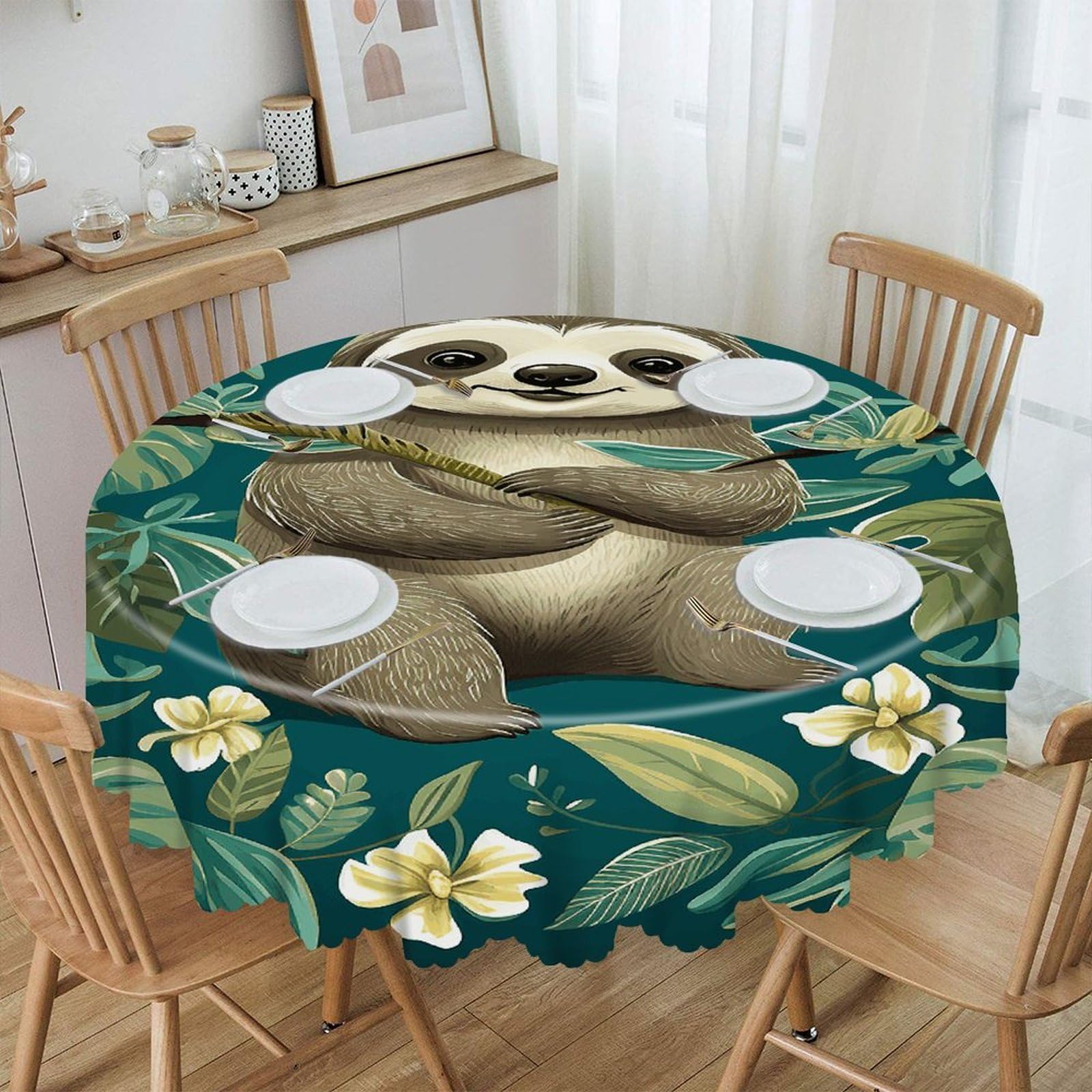 VstaDank Adorable Sloth Round Tablecloth Premium Polyester Table Cloth Heavy Duty Washable Fabric Tablecloth Waterproof Holiday Table Cover Decorative Tablecloths for Dining 60"