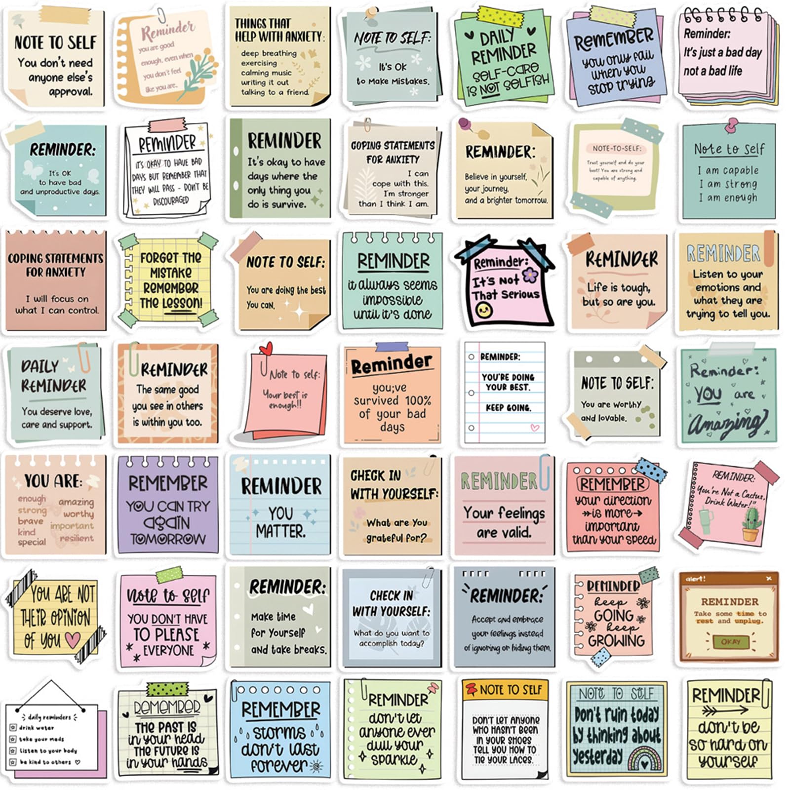 SOLVIO Reminders Stickers 50 Pcs Positive Affirmation Stickers for Adults Teens Mental Health Awareness Vinyl Decals for Laptop Water Bottle Journal Scrapbook Phone Case