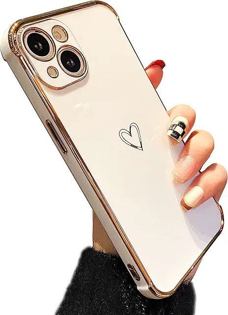 iPhone 15 Plus Case for Girls - Cute Heart Pattern, Gold Trim, Shockproof Silicone Cover