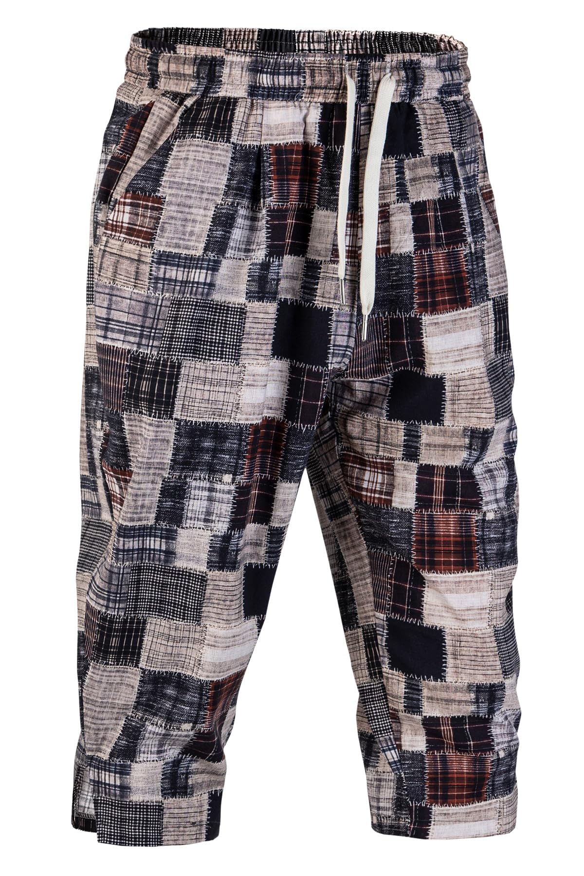 Sungerdasa Men's Harem Yoga Shorts Cotton Capri 3/4 Pants Patchwork Casual Beach Shorts Drawstring Cropped Trousers Brown