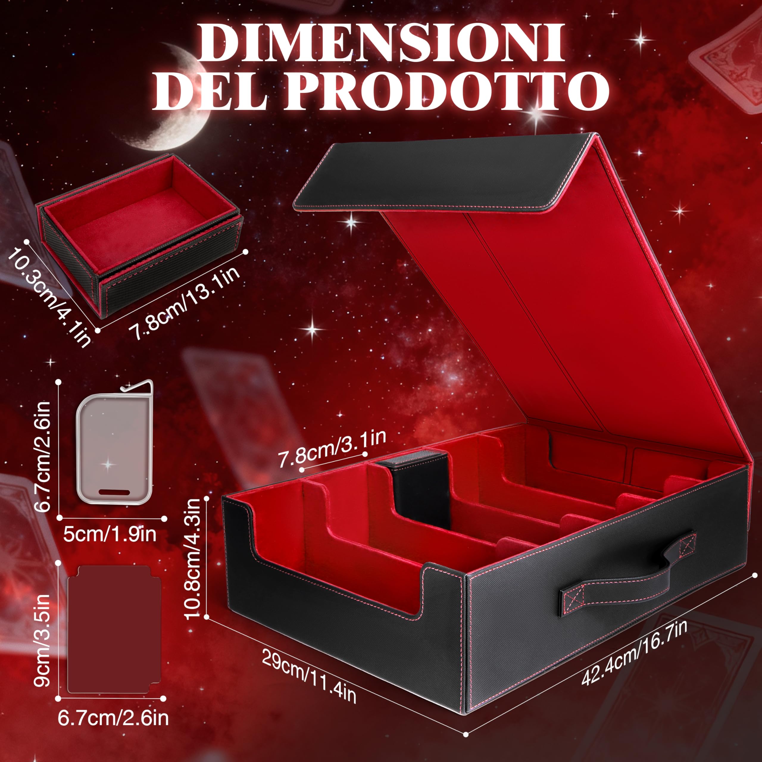 Charmofun Deck Box per Carte, Magnetic Scatola di Carte da Collezione per Oltre 2800+, Porta Deck con Pelle PU e Chiusura Magnetica, 10 Divisori per Carte, 4 Clip Divisorie (Rosso, 3000+)