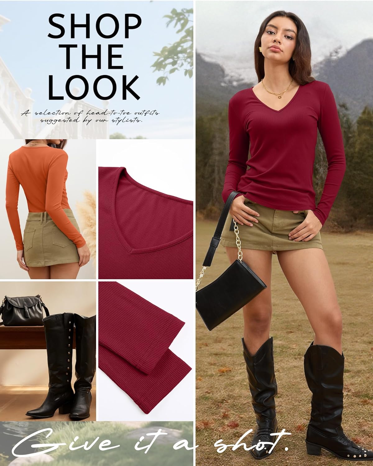 Ficerd 3 Pack Women's Long Sleeve T Shirts Cotton V Neck Slim Fit Tops Ribbed Knit Layering Casual Basic Tees Fall - Image 6