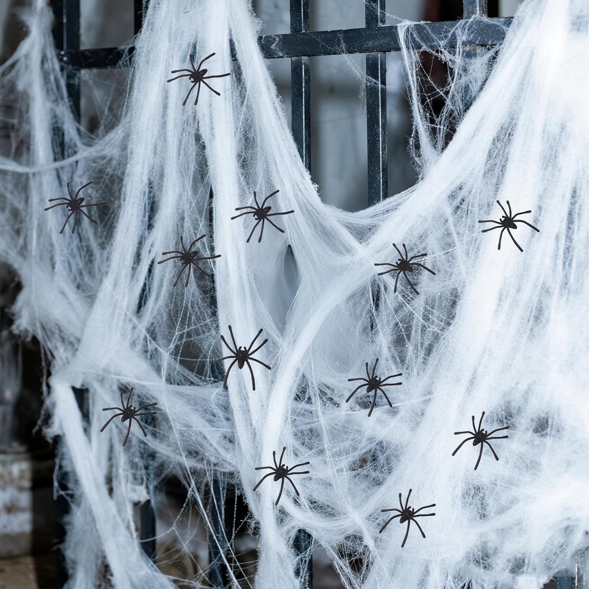 Halloween Spinnennetz Dekoset – 300g Netz, 65 Spinnen & 12 Fledermäuse, Für Drinnen & Draußen