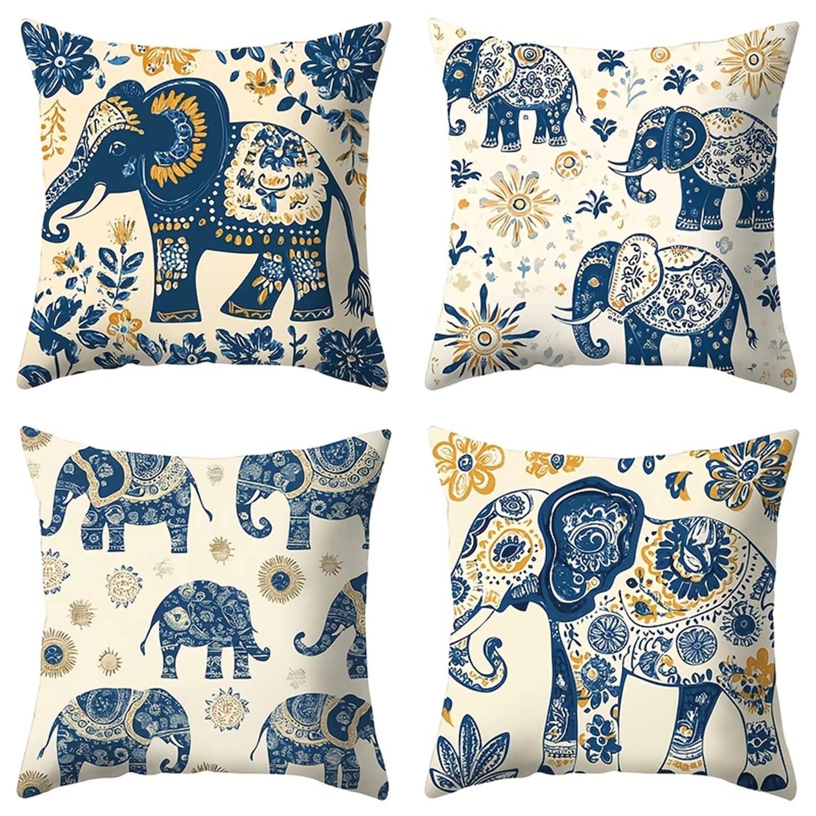 QiHon Abstract Animal Elephant Cushion Covers 30x30 cm Set of 4, Decorative Throw Pillow Cases, 12x12 inch Square Linen Pillowcases for Sofa Living Room Bedroo
