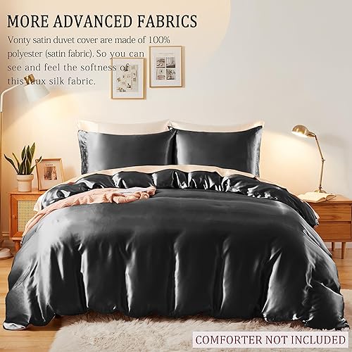 Miniatura 4 de Vonty Juego de funda de edredón de satén suave y sedoso con 3 piezas (1 funda de edredón + 2 fundas de almohada)