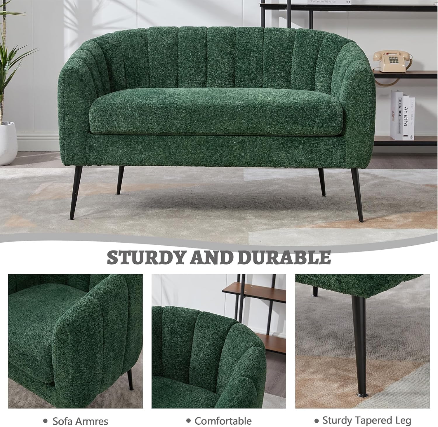 59" Small Loveseat Sofa 2-Seater, Modern Chenille Couch with Gold Metal Legs & Floral Backrest, Compact Apartment Sofa for Living Room, Bedroom, Office, Dorm (Chenille, Green(50.2''))