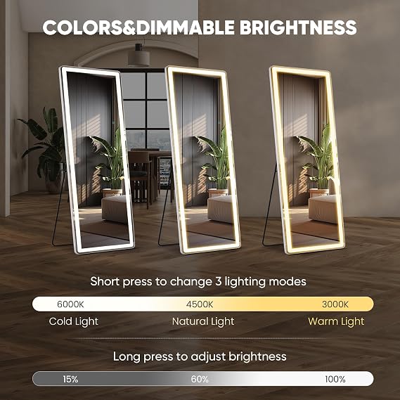 LED Rectangular Full Length Mirror, 64L x 21W Body Standing Mirror