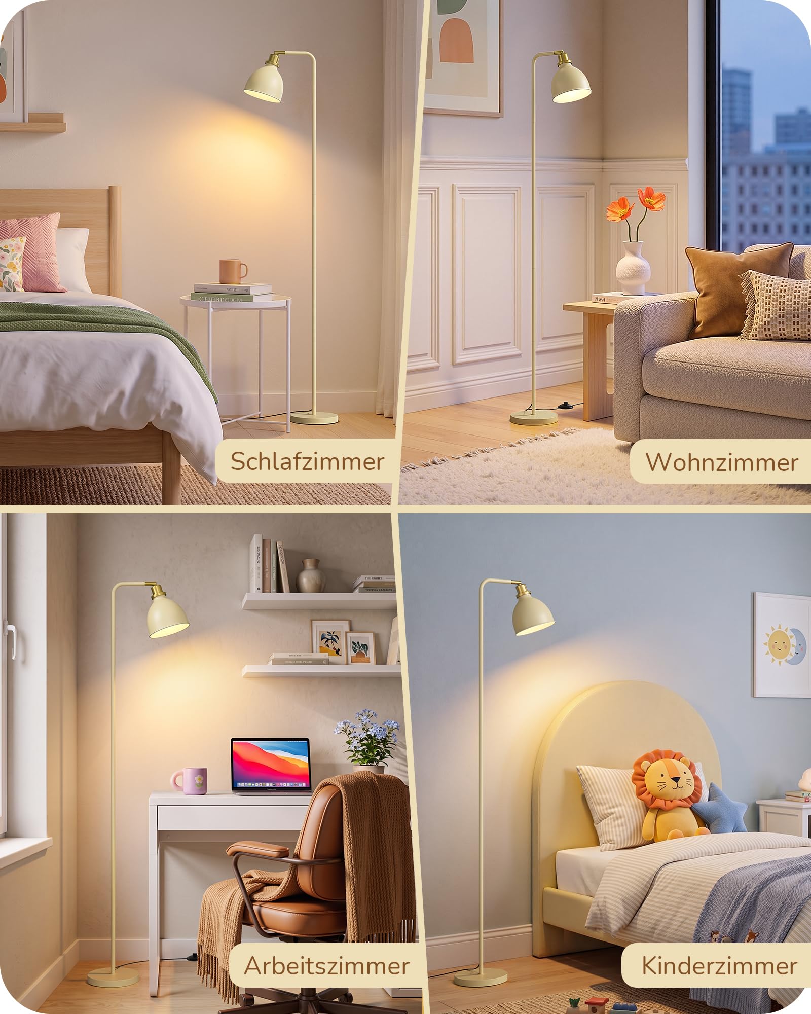 EDISHINE Stehlampe Industriell, Verstellbarer Kopf, Inkl. LED, Cremeweiß | mit Metall-Lampenschirm, E27-Fassung, 2700 K Warmweiß, Leselampe für Wohnzimmer, Schlafzimmer & Büro, 155 cm