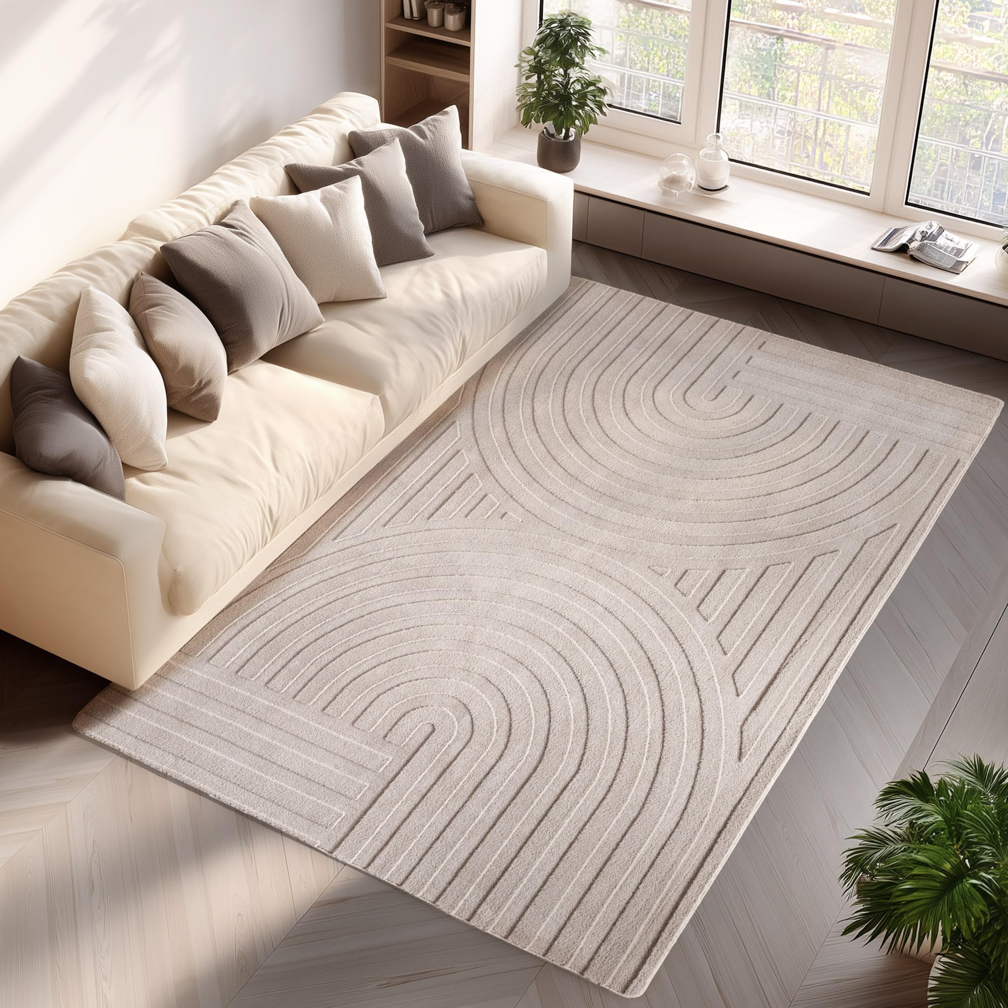 Jimri - Moderner kurzflor Teppich waschbar pflegeleicht ideal fürs Wohnzimmer, Schlafzimmer, Gästezimmer und Kinderzimmer Boho Skandi Design mit 3D Optik Hoch-Tief Effekt - 140x200 cm - Cream