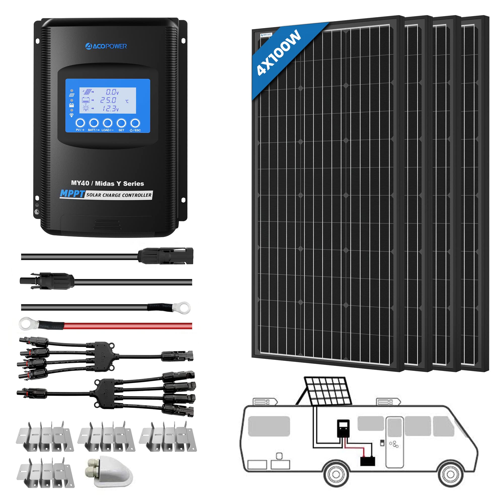 ACOPOWER 400 Watt 12 Volt RV Solar Panel Kit 4 * 100W Solar Panels+40A MPPT LCD Charge Controller+Mounting Z Brackets+Adaptor Kit+Tray Cables Set,Solar System Complete Kits for RV,Boat