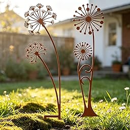 Crunier Rost Gartenstecker Metall Set, Gartenstecker Pusteblume Deko, Frühlings Blumenstecker, Gartendeko Für Draußen Wetterfest zur Dekoration von Gärten, Terrassen, Höfen, Parks, Ästen