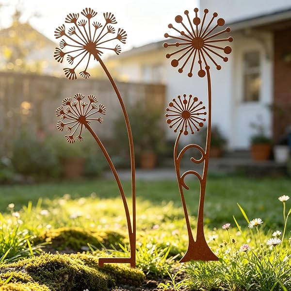 Crunier Rost Gartenstecker Metall Set, Gartenstecker Pusteblume Deko, Frühlings Blumenstecker, Gartendeko Für Draußen Wetterfest zur Dekoration von Gärten, Terrassen, Höfen, Parks, Ästen - 1
