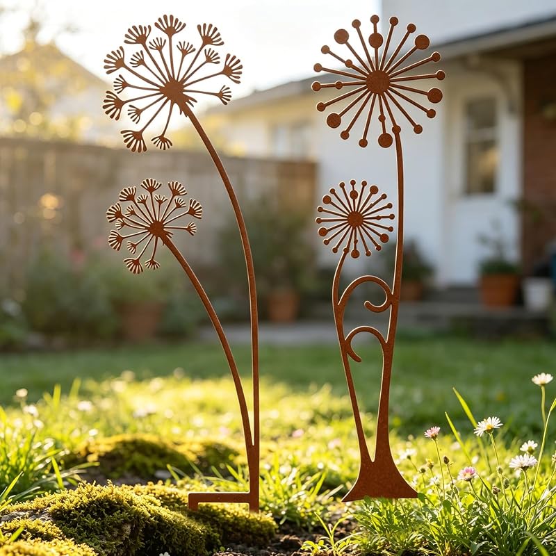 Crunier Rost Gartenstecker Metall Set, Gartenstecker Pusteblume Deko, Frühlings Blumenstecker, Gartendeko Für Draußen Wetterfest zur Dekoration von Gärten, Terrassen, Höfen, Parks, Ästen