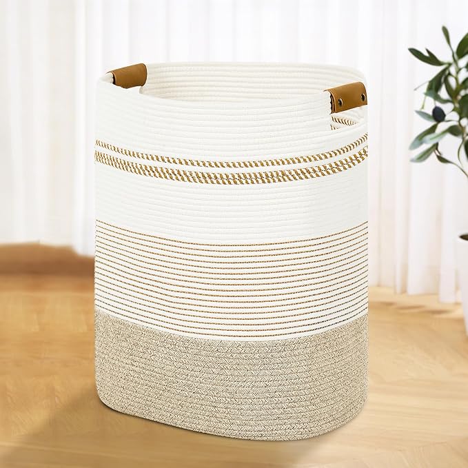 Laundry Hamper - Tall Woven Rope Laundry Basket - Clothes hamper with Leather Handles