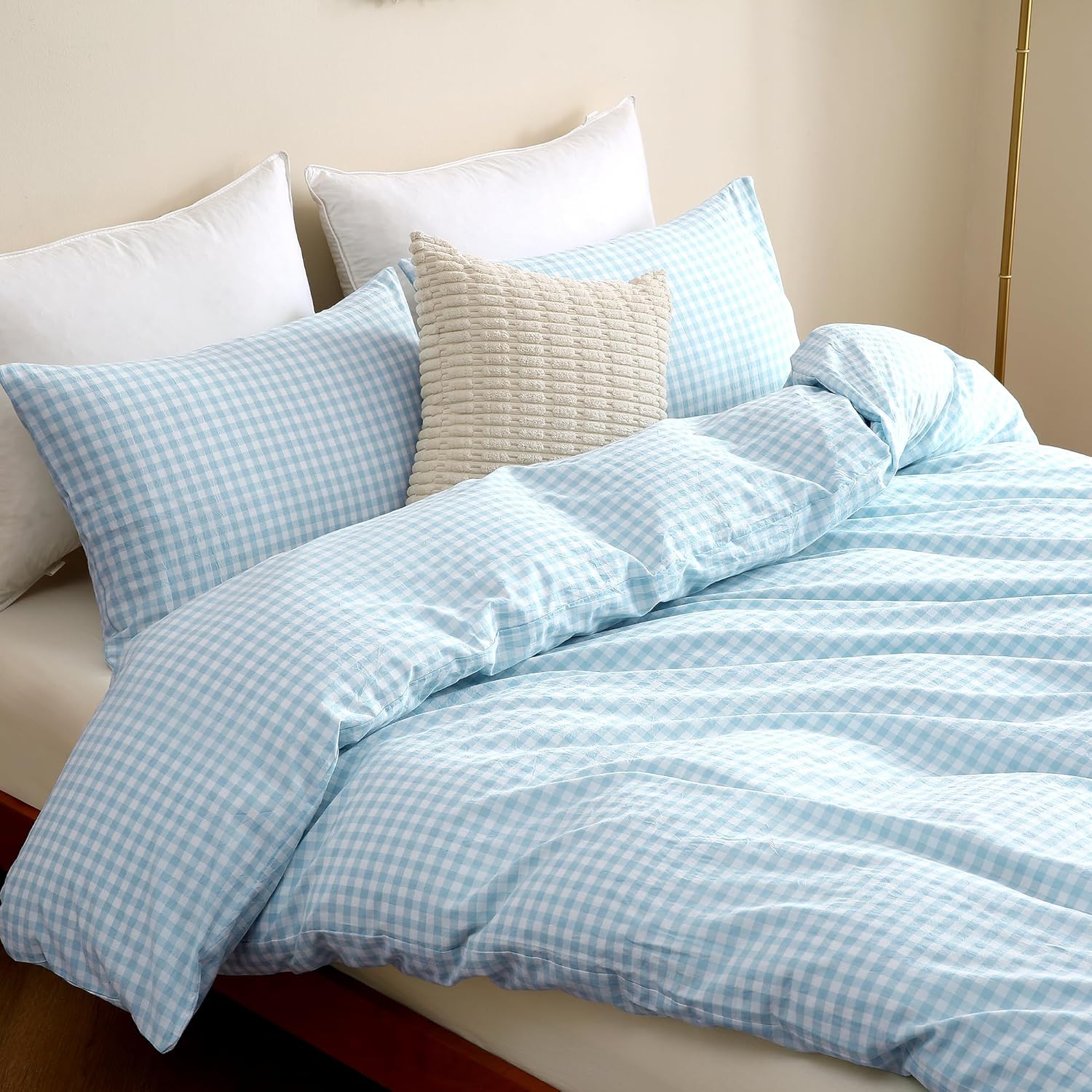 TOCOMOA Light Blue Gingham Duvet Cover Bedding Set 100% Washed Cotton Like Linen Feel Super Soft Comfy 3 Piece Vintage Plaid Checkered Comforter Cover Set (Queen 90"x90", Comforter Not Included) - Image 4