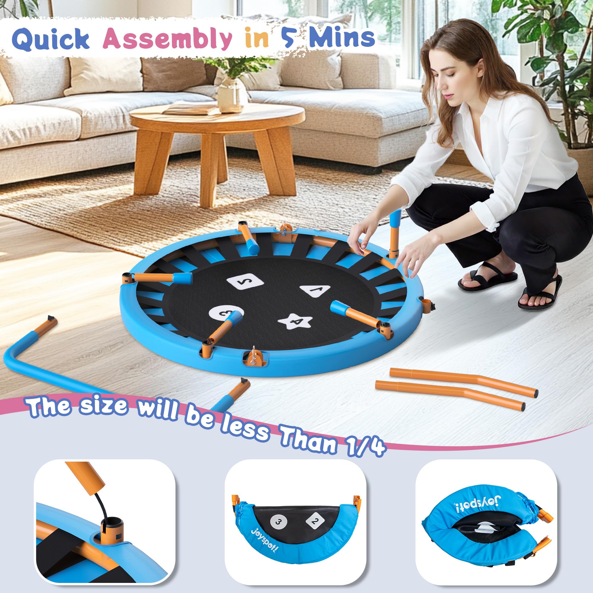 JOY SPOT! Ø91cm Trampolin Kinder Indoor, Mini Trampolin mit Verstellbarer Haltegriff, Faltbares Kindertrampolin bis 45 kg, Fitness Rebounder mit Sicherheitspolster für Kleinkind 3-12